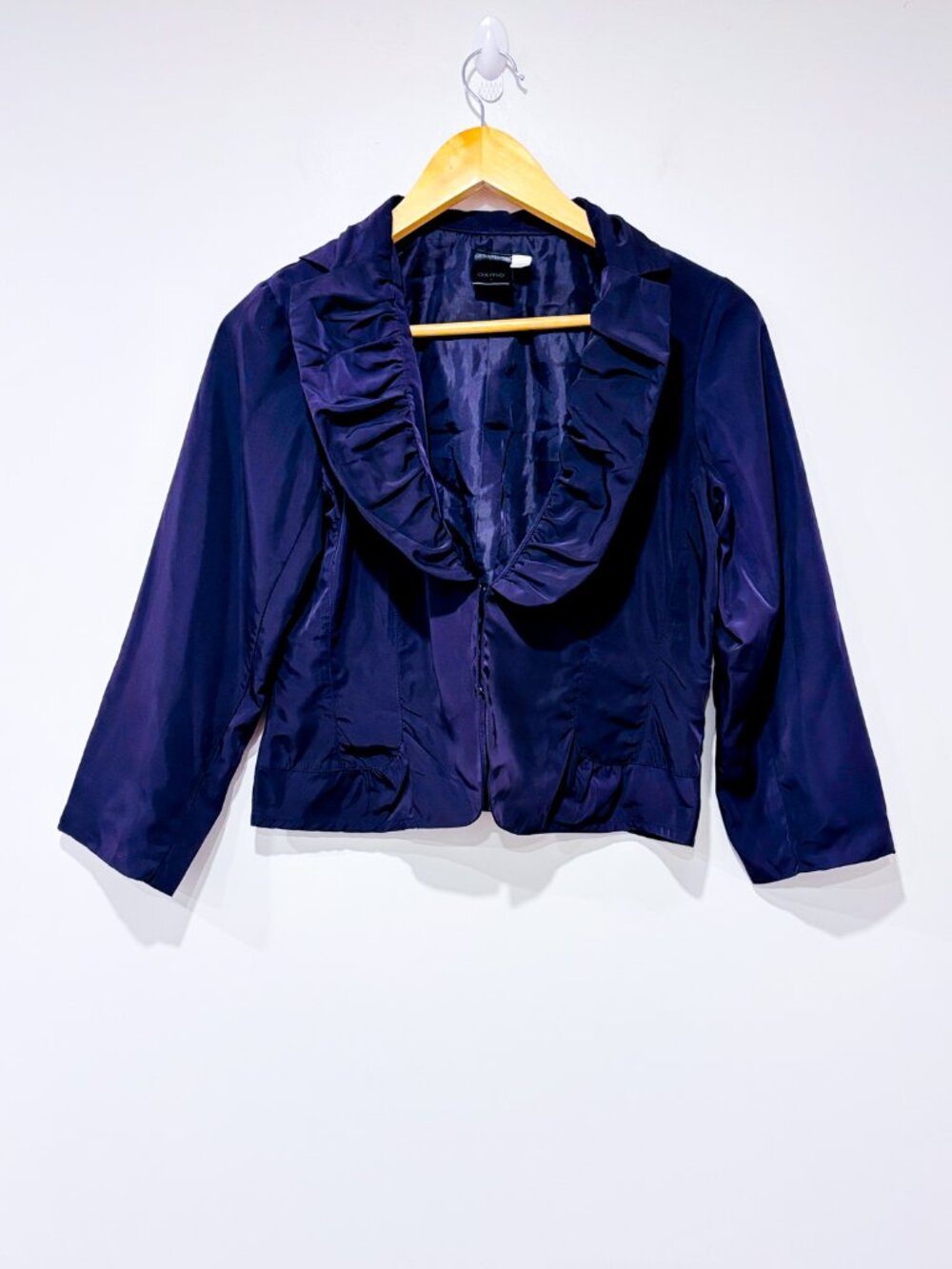 OXMO Plum Satin Blazer | Cropped Ruffle Party Office | Medium